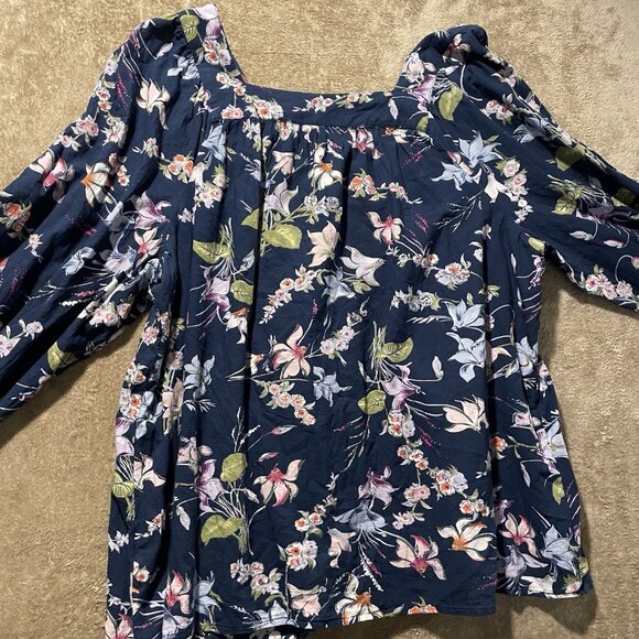 Terra & Sky Shirt Women's 2X Plus Square Neck Navy Blue Floral Tunic Blouse Top - Picture 5 of 7